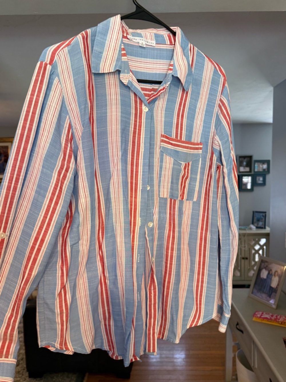 Casual Blue & Red Striped Women's Button-Up Shirt